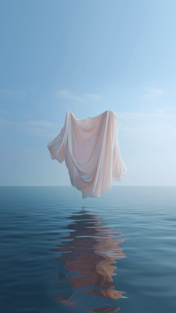 White sheet floating on the surface of water with a clear blue sky.