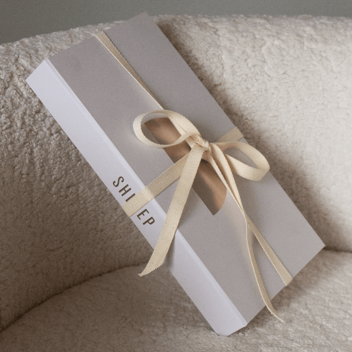 White gift box with a beige ribbon on a textured surface